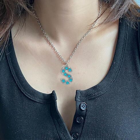 Turquoise Initial Letter S Necklace - Silver Plated Stainless Steel Alphabet Monogram Necklace for Women Gift in Kuwait