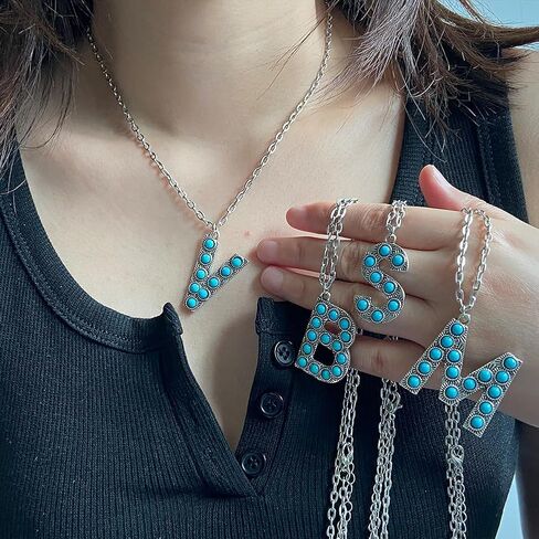 Turquoise Initial Letter S Necklace - Silver Plated Stainless Steel Alphabet Monogram Necklace for Women Gift in Kuwait