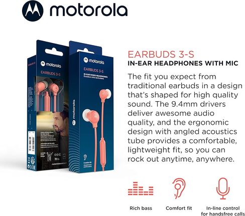 Motorola Earbuds 3-S Wired Earbuds with Microphone - Corded in-Ear Headphones, Comfortable Lightweight Silicone Ear Buds, Non-Tangle Flat Cable, 9.4mm Drivers Clear Bass Sound - Black in Kuwait