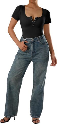 MOOSLOVER Women Ribbed Seamless Bodysuit Short Sleeve Square Neck Button Down Top Bodysuit in Saudi Arabia