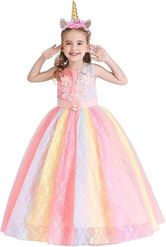 HIHCBF Girls Unicorn Rainbow Princess Birthday Dress Halloween Carnival Costume Christmas Party Long Maxi Gown w/Headband in Saudi Arabia