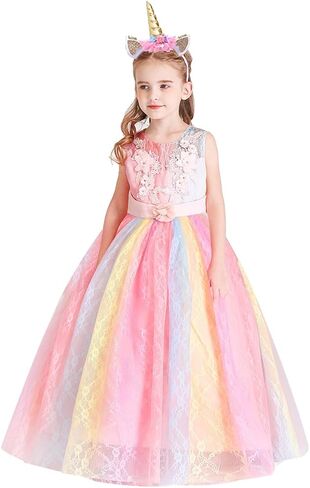 HIHCBF Girls Unicorn Rainbow Princess Birthday Dress Halloween Carnival Costume Christmas Party Long Maxi Gown w/Headband in Saudi Arabia