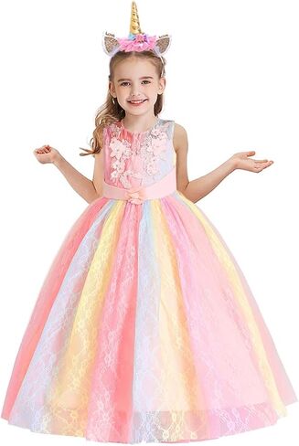 HIHCBF Girls Unicorn Rainbow Princess Birthday Dress Halloween Carnival Costume Christmas Party Long Maxi Gown w/Headband in Saudi Arabia
