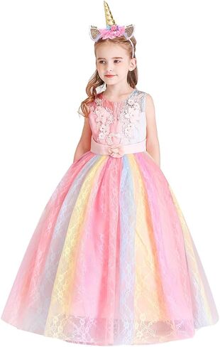 HIHCBF Girls Unicorn Rainbow Princess Birthday Dress Halloween Carnival Costume Christmas Party Long Maxi Gown w/Headband in Saudi Arabia