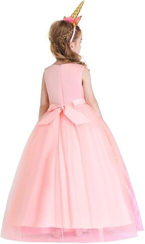 HIHCBF Girls Unicorn Rainbow Princess Birthday Dress Halloween Carnival Costume Christmas Party Long Maxi Gown w/Headband in Saudi Arabia