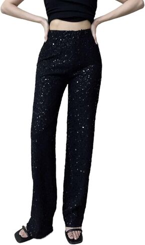 Women Sparkle Sequin Long Loose Pants Bling High Waist Wide Leg Streetwear Party Clubwear Long Pants in Saudi Arabia