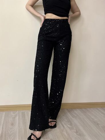 Women Sparkle Sequin Long Loose Pants Bling High Waist Wide Leg Streetwear Party Clubwear Long Pants in Saudi Arabia