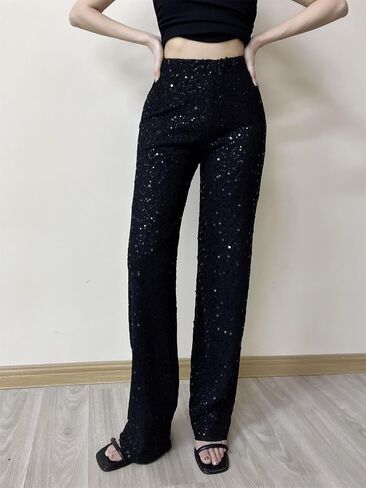 Women Sparkle Sequin Long Loose Pants Bling High Waist Wide Leg Streetwear Party Clubwear Long Pants in Saudi Arabia