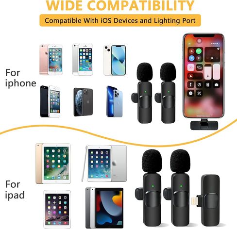 ميكروفون لاسلكي Lavalier Lapel لجهاز iPhone iPad Professional Clip Mic - تسجيل مكثف متعدد الاتجاهات لاسلكي مع 2 ميكروفونات مقابلة فيديو بودكاست مدونة فيديو يوتيوب in Saudi Arabia
