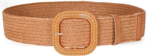 SANSTHS Womens Wide Elastic Belt, Boho Straw Braided Belt for Dresses Jeans Coats with Square Buckle in Saudi Arabia