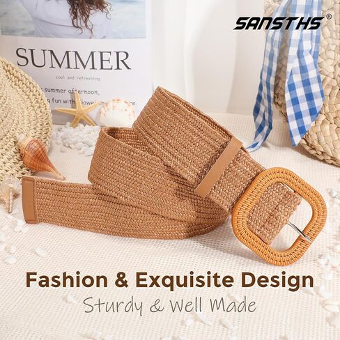 SANSTHS Womens Wide Elastic Belt, Boho Straw Braided Belt for Dresses Jeans Coats with Square Buckle in Saudi Arabia