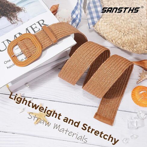 SANSTHS Womens Wide Elastic Belt, Boho Straw Braided Belt for Dresses Jeans Coats with Square Buckle in Saudi Arabia