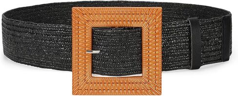 SANSTHS Womens Wide Elastic Belt, Boho Straw Braided Belt for Dresses Jeans Coats with Square Buckle in Saudi Arabia