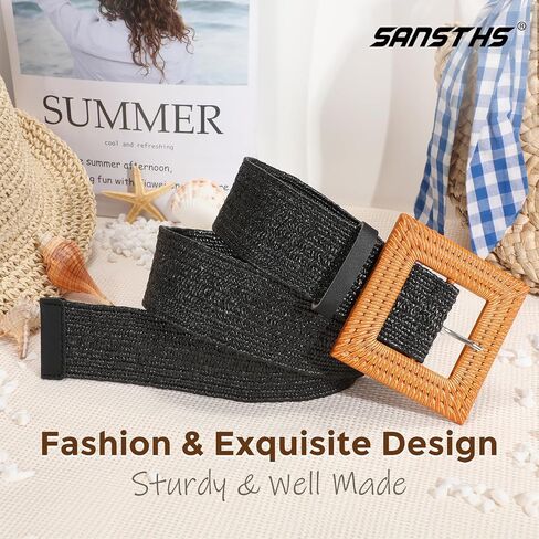 SANSTHS Womens Wide Elastic Belt, Boho Straw Braided Belt for Dresses Jeans Coats with Square Buckle in Saudi Arabia