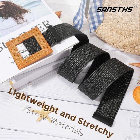 SANSTHS Womens Wide Elastic Belt, Boho Straw Braided Belt for Dresses Jeans Coats with Square Buckle in Saudi Arabia