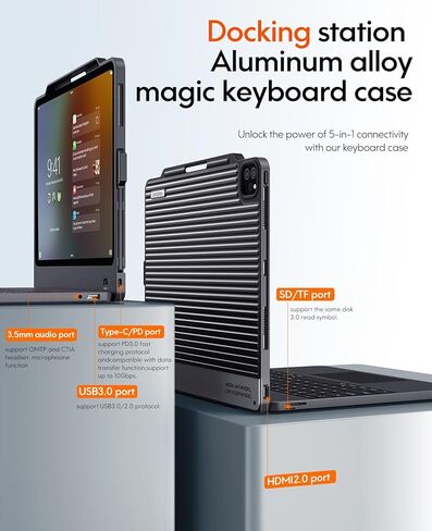 حافظة لوحة مفاتيح CHESONA لجهاز ipad pro 12.9 بوصة (6th، 5th، 4th، 3rd Gen-2022،2021،2020،2018)، حافظة لوحة مفاتيح لقاعدة الإرساء 5 في 1 مع لوحة لمس HDMI/متعددة الإيماءات / إضاءة خلفية بـ 7 ألوان، أسود in Kuwait