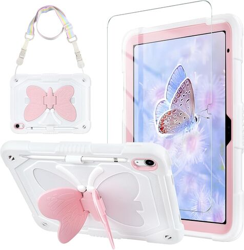 حافظة Wollony لجهاز iPad الجيل العاشر 10.9 بوصة 2022 حافظة للأطفال البنات مع واقي شاشة وحزام كتف وأجنحة فراشة وحامل قلم رصاص وحافظات غطاء هجينة لطيفة لجهاز iPad 10th Gen 10.9 بوصة أبيض in Saudi Arabia