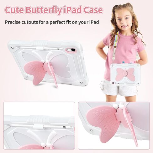 حافظة Wollony لجهاز iPad الجيل العاشر 10.9 بوصة 2022 حافظة للأطفال البنات مع واقي شاشة وحزام كتف وأجنحة فراشة وحامل قلم رصاص وحافظات غطاء هجينة لطيفة لجهاز iPad 10th Gen 10.9 بوصة أبيض in Saudi Arabia