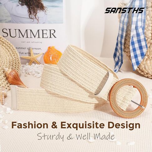 SANSTHS Womens Wide Elastic Belt, Boho Straw Braided Belt for Dresses Jeans Coats with Square Buckle in Kuwait