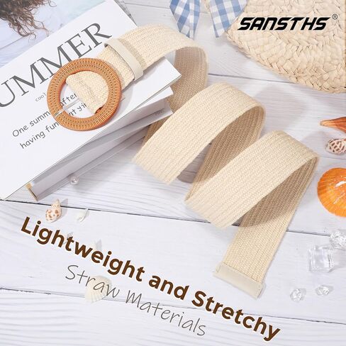 SANSTHS Womens Wide Elastic Belt, Boho Straw Braided Belt for Dresses Jeans Coats with Square Buckle in Kuwait