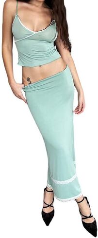 مجموعة تنورة طويلة مثيرة مكونة من قطعتين للنساء من الدانتيل الشفاف مع تنورة ماكسي Bodycon ملابس صيفية Y2k Clubwear (B6- أخضر، S) in Kuwait