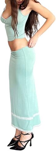 مجموعة تنورة طويلة مثيرة مكونة من قطعتين للنساء من الدانتيل الشفاف مع تنورة ماكسي Bodycon ملابس صيفية Y2k Clubwear (B6- أخضر، S) in Kuwait