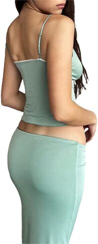 مجموعة تنورة طويلة مثيرة مكونة من قطعتين للنساء من الدانتيل الشفاف مع تنورة ماكسي Bodycon ملابس صيفية Y2k Clubwear (B6- أخضر، S) in Kuwait