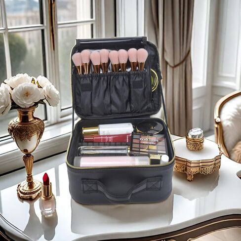 Travel Makeup Train Case Large Compacity Waterproof Makeup Cosmetic Case Portable Makeup Brush Organizer Artist Storage Bag with Adjustable Dividers and Strap (Large-Black) in Saudi Arabia