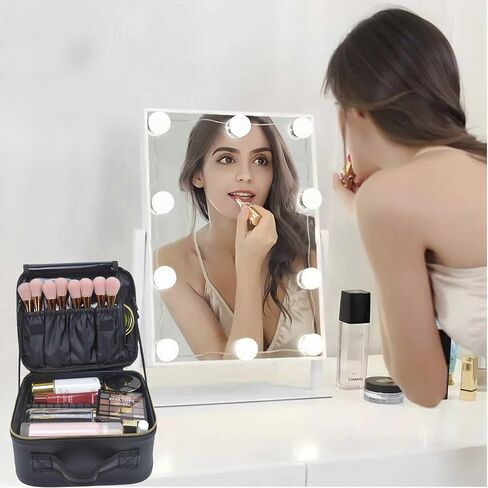 Travel Makeup Train Case Large Compacity Waterproof Makeup Cosmetic Case Portable Makeup Brush Organizer Artist Storage Bag with Adjustable Dividers and Strap (Large-Black) in Saudi Arabia