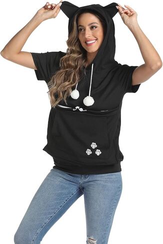 YYW Women Short Sleeve Hoodie Kangaroo Pocket Pet Pouch Holder Carrier Shirt Top Pullover Sweatshirt in Saudi Arabia