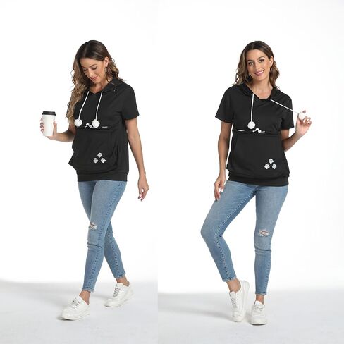 YYW Women Short Sleeve Hoodie Kangaroo Pocket Pet Pouch Holder Carrier Shirt Top Pullover Sweatshirt in Saudi Arabia