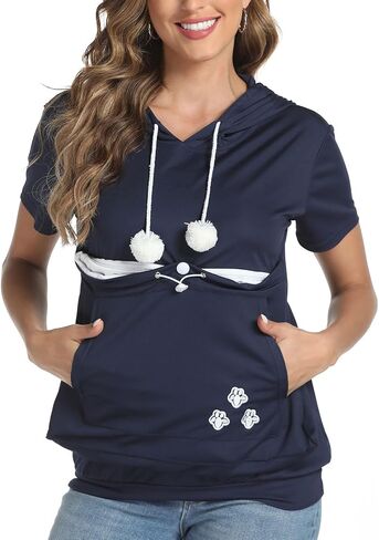 YYW Women Short Sleeve Hoodie Kangaroo Pocket Pet Pouch Holder Carrier Shirt Top Pullover Sweatshirt in Saudi Arabia