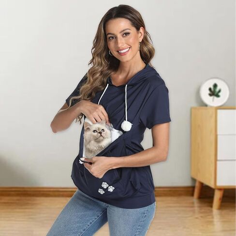 YYW Women Short Sleeve Hoodie Kangaroo Pocket Pet Pouch Holder Carrier Shirt Top Pullover Sweatshirt in Saudi Arabia