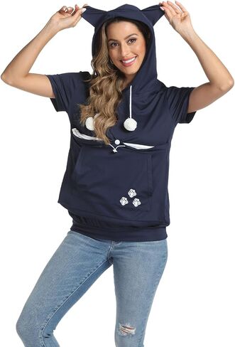 YYW Women Short Sleeve Hoodie Kangaroo Pocket Pet Pouch Holder Carrier Shirt Top Pullover Sweatshirt in Saudi Arabia