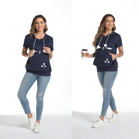 YYW Women Short Sleeve Hoodie Kangaroo Pocket Pet Pouch Holder Carrier Shirt Top Pullover Sweatshirt in Saudi Arabia