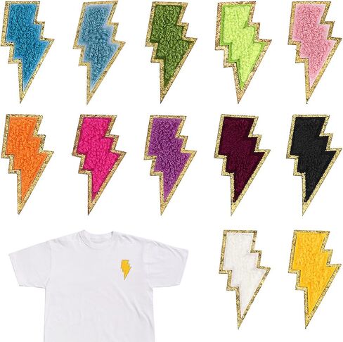 12 Pcs Golden Edges Lightning Iron On Patch, Chenille Embroidery Patche Self-Adhesive Bolt Patch DIY Decor Patches for Clothing Jeans Jackets Backpacks Hats Shirts in Saudi Arabia