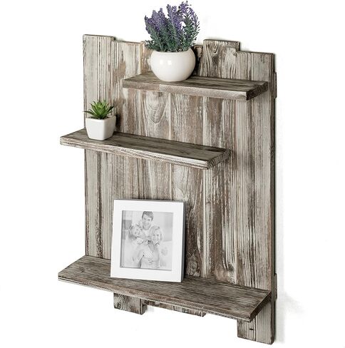 MyGift Wall-Mounted Burnt Wood Pallet-Style Staggered 3-Tier Display Shelf in Saudi Arabia