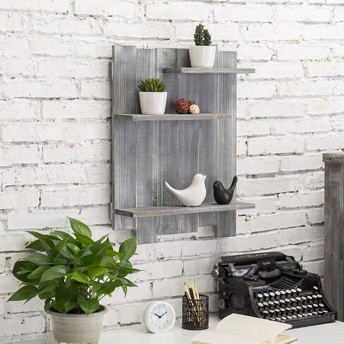 MyGift Wall-Mounted Burnt Wood Pallet-Style Staggered 3-Tier Display Shelf in Saudi Arabia