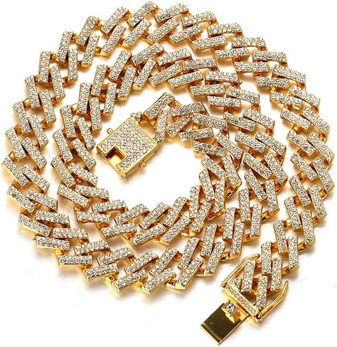 Halukakah Cuban Link Chain for Men FUJI - 13MM Iced Out Diamond Gold Chain - 18k Real Gold Plated/Platinum White Gold Finish Necklace - Hand Set Multicolor Lab Diamonds - Gift for Him in Kuwait