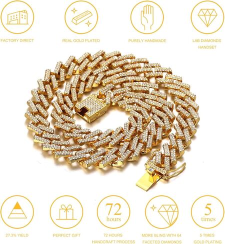 Halukakah Cuban Link Chain for Men FUJI - 13MM Iced Out Diamond Gold Chain - 18k Real Gold Plated/Platinum White Gold Finish Necklace - Hand Set Multicolor Lab Diamonds - Gift for Him in Kuwait