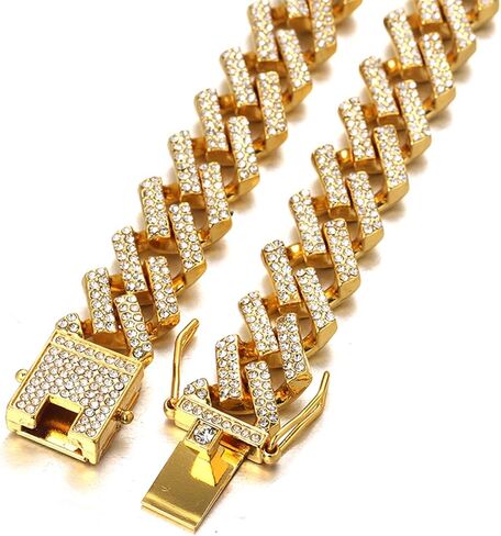 Halukakah Cuban Link Chain for Men FUJI - 13MM Iced Out Diamond Gold Chain - 18k Real Gold Plated/Platinum White Gold Finish Necklace - Hand Set Multicolor Lab Diamonds - Gift for Him in Kuwait