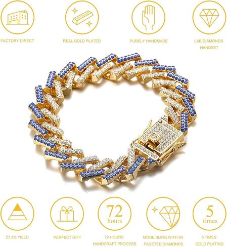 Halukakah Cuban Link Chain for Men FUJI - 13MM Iced Out Diamond Gold Chain - 18k Real Gold Plated/Platinum White Gold Finish Necklace - Hand Set Multicolor Lab Diamonds - Gift for Him in Kuwait