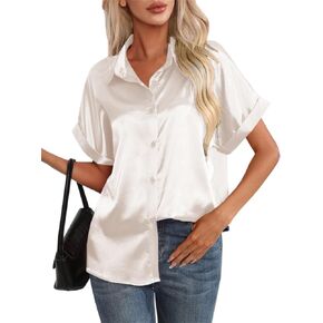 DAIMIDY Women's Silk Short Sleeve Shirts Satin Casual Blouses Button Down Tops for Women