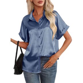 DAIMIDY Women's Silk Short Sleeve Shirts Satin Casual Blouses Button Down Tops for Women