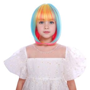 Bright Purple Bob Wig for Kids Girls Short Purple Bob Wig with Bangs Heat Resistant Synthetic Wig with Wig Cap