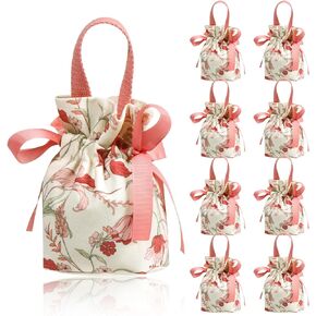 Liobelon 8 Pieces Floral Small Gift Bags with Handles 5.5 x 3.7 x 2.3'' Canvas Small Candy Bag Tea Party Favor Bags Wedding Favors Candy Boxes for Party, Baby Shower,Bridal Shower (champagne)