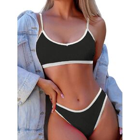 OYOANGLE Women's 2 Piece Bikini Set Spaghetti Strap Colorblock Bikini Set High Cut Bathing Suit Beach Swimwear
