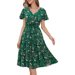 Bridesmay Floral Summer Dresses for Women 2024, Midi Dress for Women Casual with Short Sleeves