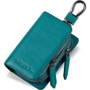 VISOUL Car Key Case Holder Double Zipper, Leather Car Smart Key Fob Case with Keychain for Men and Women