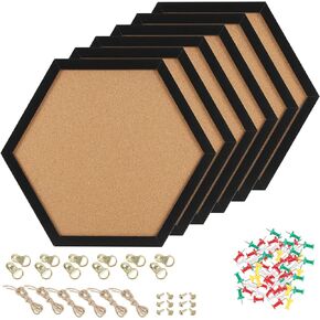 6 Pack 12"x12" Hexagon Cork Board, Black Framed Hexagon Bulletin Board, Thick Modern Decorative Cork Board with 48 Push Pins for Home, Office, School